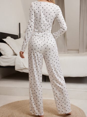 Sleepwear κοστούμι Cute Bowknot στάμπα Μαρουλένιο μπλουζάκι με μακρύ παντελόνι Lovely Loungear Ολόσωμο Νυχτικό Σετ φθινοπωρινής πιτζάμες