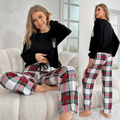 Női új pizsama őszi-téli hosszú ujjú hosszú nadrág kétrészes otthoni viselet környakú kockás nadrág alkalmi otthoni viselet