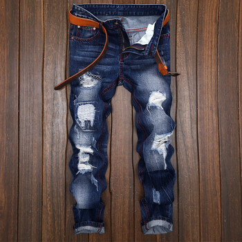 Висококачествени мъжки ежедневни дънки Denim Hole Ruined Hip Hop Biker Straight Pants Мъжки ежедневни панталони Плюс размер