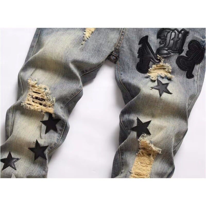 European Jeans with Distressed Patches, Trendy Elastic Slim Fit κολάν, Ευέλικτο ανδρικό παντελόνι 3096