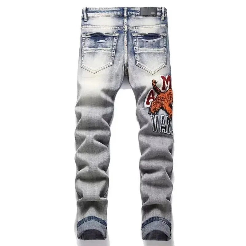 Pánske rifle Vintage Blue Street Trendy s vyšívanou hlavou tigra, európsky štýl, elastický pás, mládežnícky slim fit