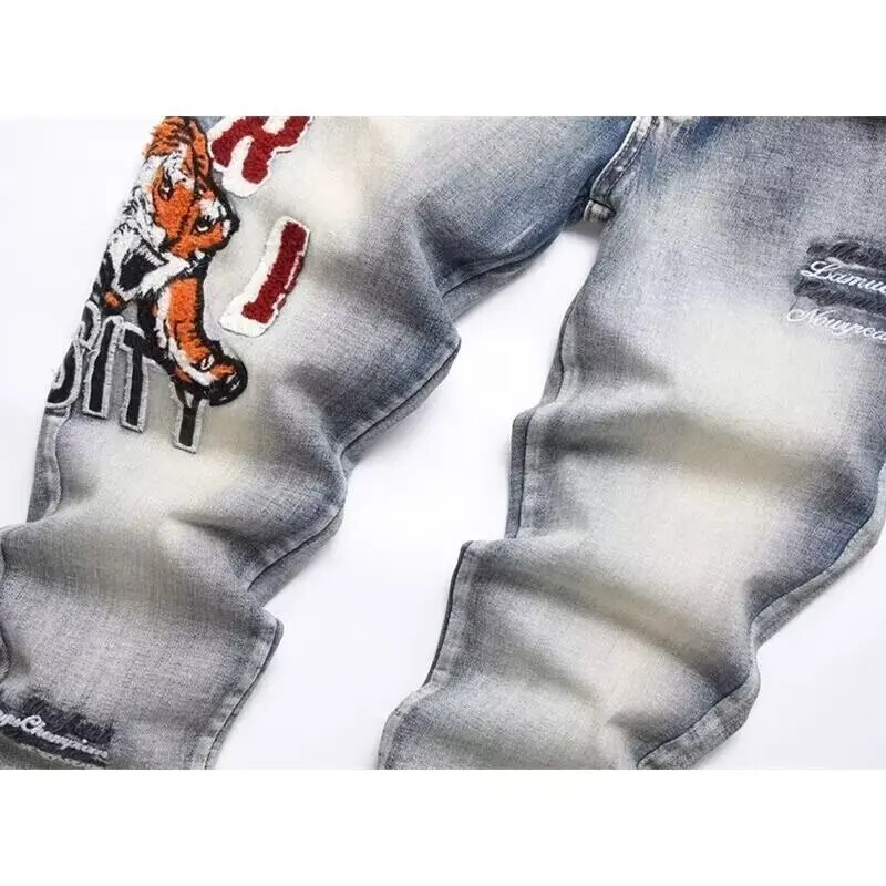 Pánske rifle Vintage Blue Street Trendy s vyšívanou hlavou tigra, európsky štýl, elastický pás, mládežnícky slim fit