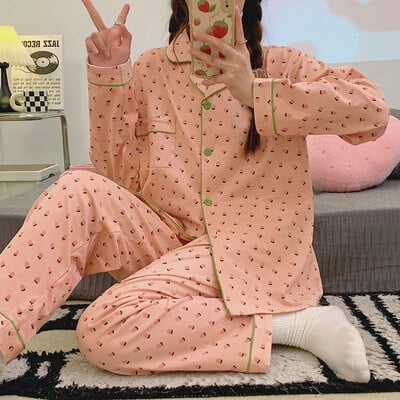 Seturi de pijamale din bumbac artificial pentru femei coreene, pijamale de primăvară, toamnă, cu inimă roz, pijamale pentru femei, costum kawaii acasă, cu mâneci lungi