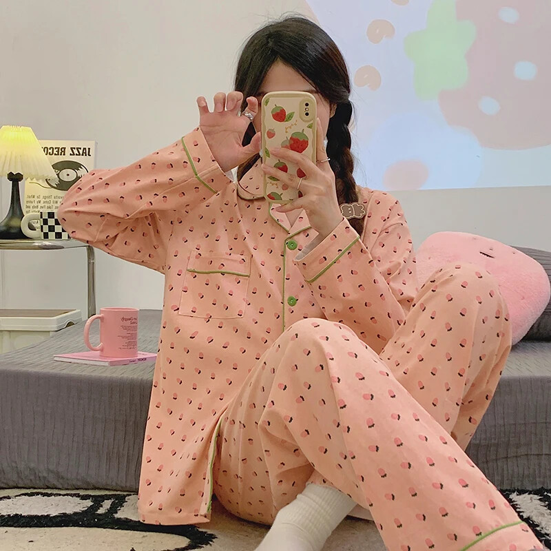 Koreai női műpamut pizsama szettek tavaszi őszi rózsaszín szív pizsamák női pizsamák Kawaii otthoni öltöny, hosszú ujjú hálóruha