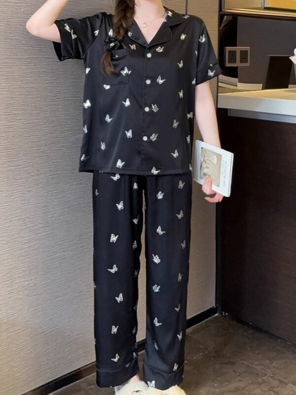 Letné pyžamo Dámske hodvábne saténové pyžamo Set s krátkym rukávom Topy nohavice Dvojdielna súprava Nohavice na spanie Loungewear Gombík na pyžamo