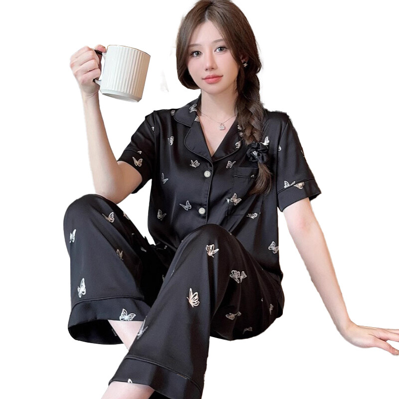Letné pyžamo Dámske hodvábne saténové pyžamo Set s krátkym rukávom Topy nohavice Dvojdielna súprava Nohavice na spanie Loungewear Gombík na pyžamo