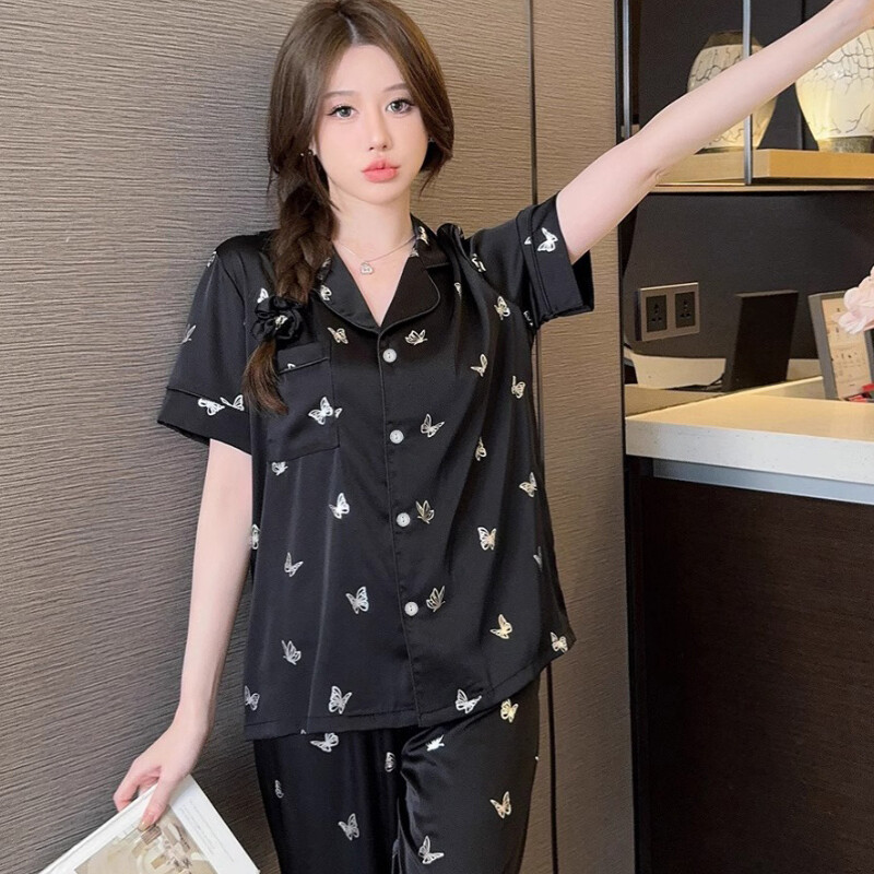 Letné pyžamo Dámske hodvábne saténové pyžamo Set s krátkym rukávom Topy nohavice Dvojdielna súprava Nohavice na spanie Loungewear Gombík na pyžamo