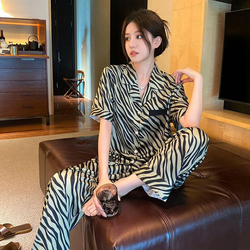 Női pizsama zebra csíkos pizsama szett szatén kényelmes, rövid ujjú gombos pizsama nappali nadrág női hálóruhákhoz
