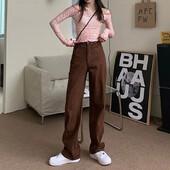 Dámske jesenné hnedé džínsy v kórejskom štýle, vintage, s vysokým pásom, rovné nohavice, zoštíhľujúce, trendy, študentská móda