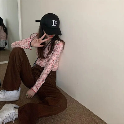 Dámske jesenné hnedé džínsy v kórejskom štýle, vintage, s vysokým pásom, rovné nohavice, zoštíhľujúce, trendy, študentská móda