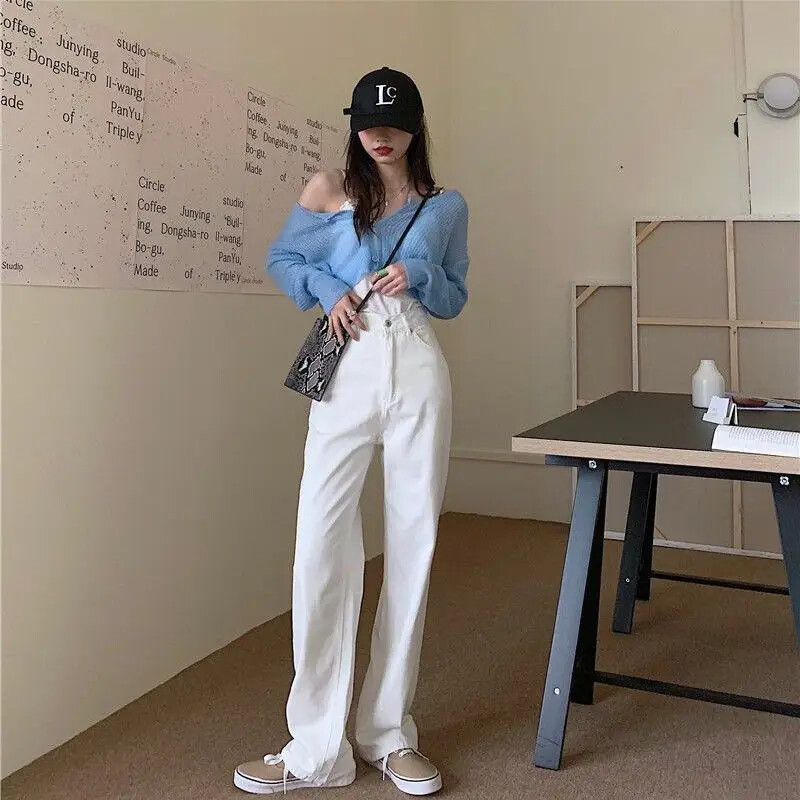Dámske jesenné hnedé džínsy v kórejskom štýle, vintage, s vysokým pásom, rovné nohavice, zoštíhľujúce, trendy, študentská móda