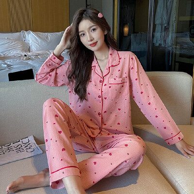 Őszi téli új meleg női pizsama hosszú ujjú nadrág kétrészes szett géz pamut krepp aranyos puha otthoni ruha női öltöny