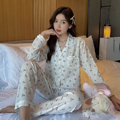 Őszi téli új meleg női pizsama hosszú ujjú nadrág kétrészes szett géz pamut krepp aranyos puha otthoni ruha női öltöny