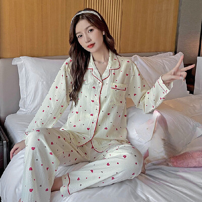 Őszi téli új meleg női pizsama hosszú ujjú nadrág kétrészes szett géz pamut krepp aranyos puha otthoni ruha női öltöny