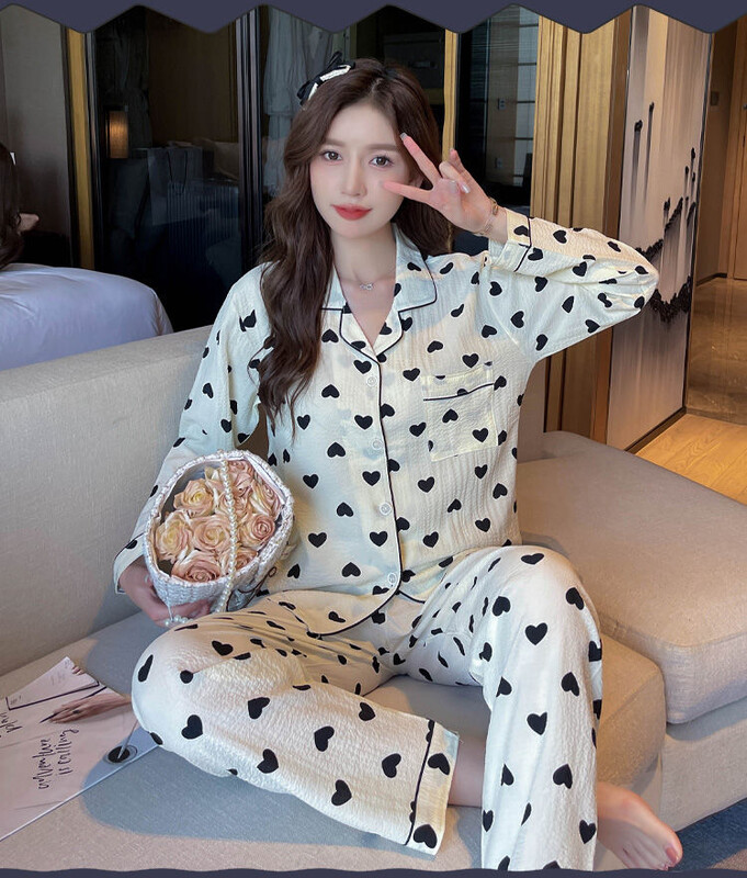 Őszi téli új meleg női pizsama hosszú ujjú nadrág kétrészes szett géz pamut krepp aranyos puha otthoni ruha női öltöny