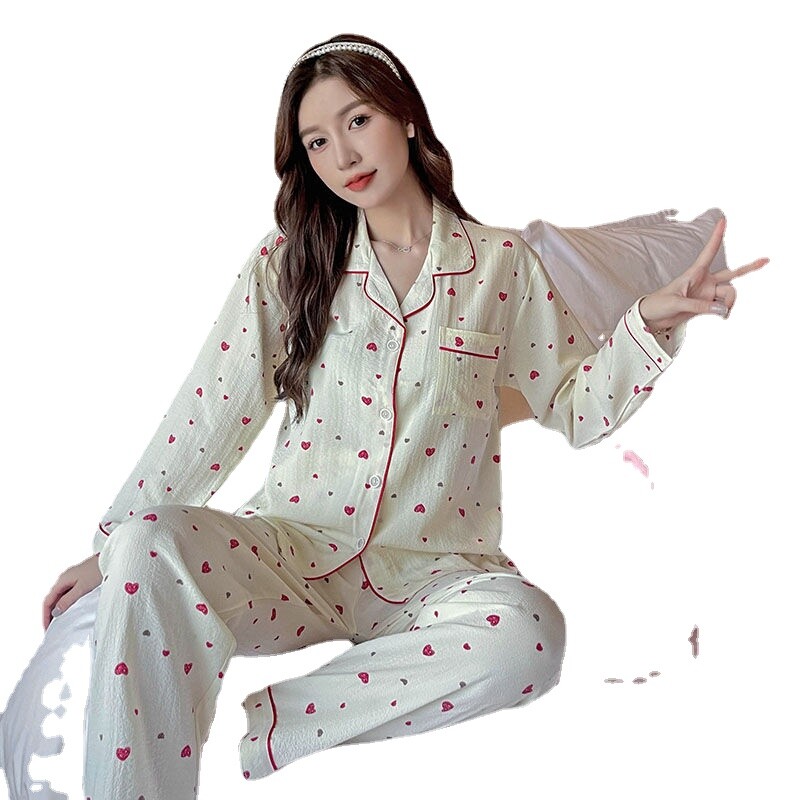 Őszi téli új meleg női pizsama hosszú ujjú nadrág kétrészes szett géz pamut krepp aranyos puha otthoni ruha női öltöny