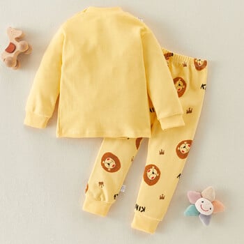 Hibobi 2-Piece 100% Cotton Boy Winter Round Neck Topl Home Clothes Set Комплект пижами с шарка на лъв и комплект пижамни панталони за 1-5 години