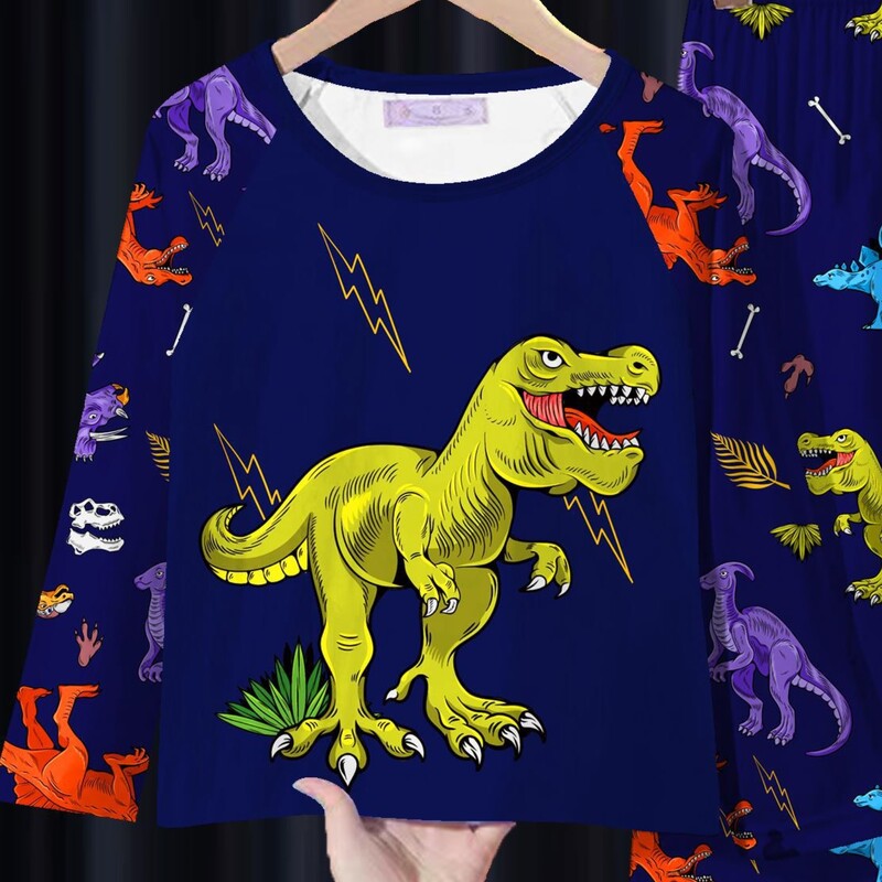 Berniukų pižamos rudens Naujas dinozaurų marginimas ilgomis rankovėmis kelnių rinkinys Milk Silk Homewear Dviejų dalių pavasario mados Šaunūs kūdikių kasdieniai drabužiai