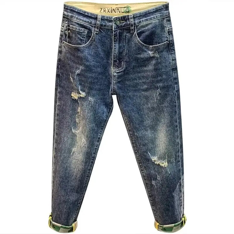 Pánske rifle v štýle jar/leto, trendy, slim fit, s dierovanými nohavicami, elastické, s malou obuvou