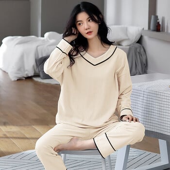 M-5XL Casual Plus Size Ολόκληρες Βαμβακερές Γυναικείες Πυτζάμες Φθινοπωρινές χειμερινές πιτζάμες Γυναικεία μακρυμάνικη σετ πυζάμες με λαιμόκοψη V