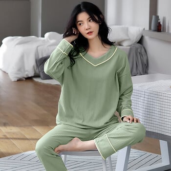 M-5XL Casual Plus Size Ολόκληρες Βαμβακερές Γυναικείες Πυτζάμες Φθινοπωρινές χειμερινές πιτζάμες Γυναικεία μακρυμάνικη σετ πυζάμες με λαιμόκοψη V