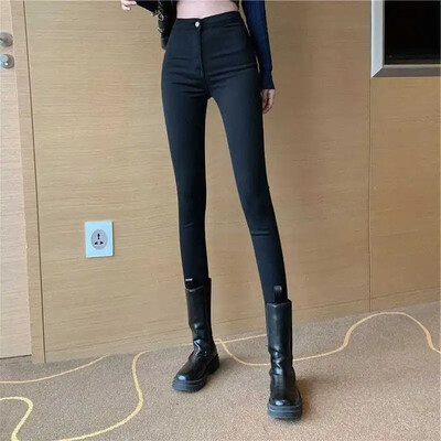 Dámske letné tenké elastické džínsy s vysokým pásom, všestranné, trendy, dlhé nohavice, zoštíhľujúci strih, európsky americký štýl