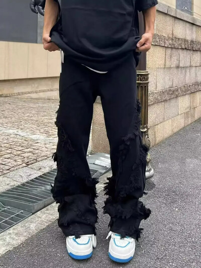 Pánske džínsy v americkom štýle s poškodením eróziou, raw edge, štýl Harajuku, hip-hop, tanečné rovné biele džínsy, dámske oblečenie Y2k