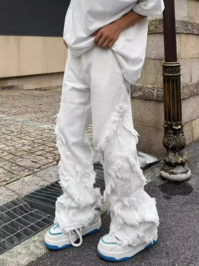 Pánske džínsy v americkom štýle s poškodením eróziou, raw edge, štýl Harajuku, hip-hop, tanečné rovné biele džínsy, dámske oblečenie Y2k