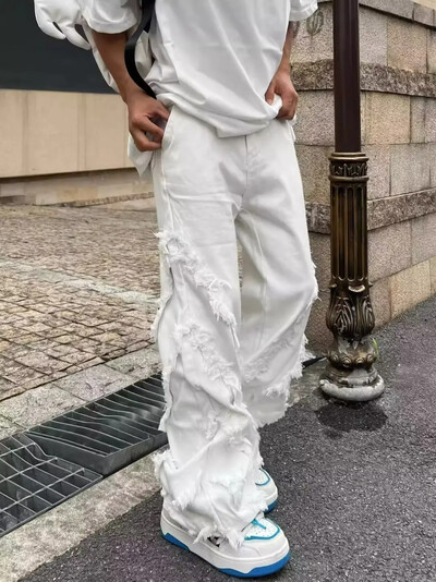 Amerikai stílusú eróziós sérülések nyers szélű utcai farmernadrág férfi harajuku stílusú hip-hop tánc egyenes fehér farmer Női Y2k ruházati felső