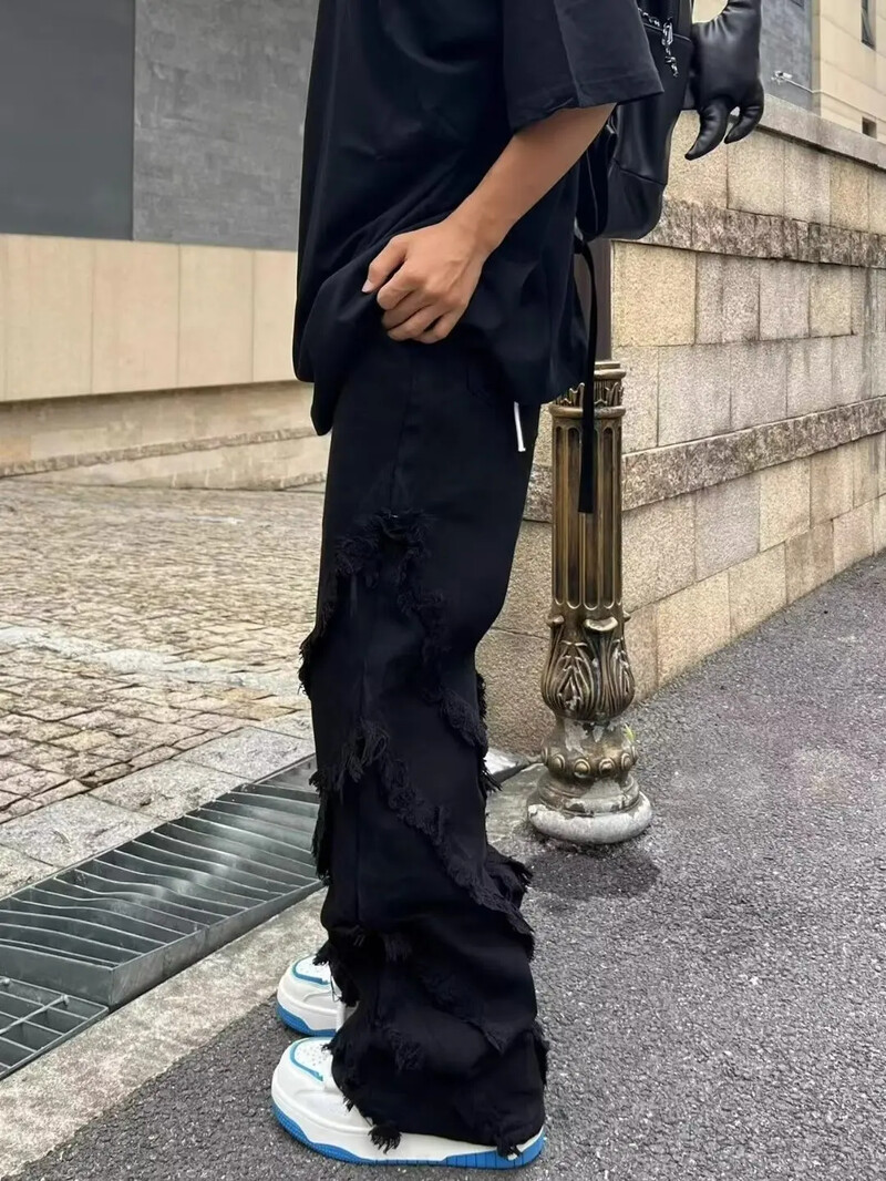 Pánske džínsy v americkom štýle s poškodením eróziou, raw edge, štýl Harajuku, hip-hop, tanečné rovné biele džínsy, dámske oblečenie Y2k