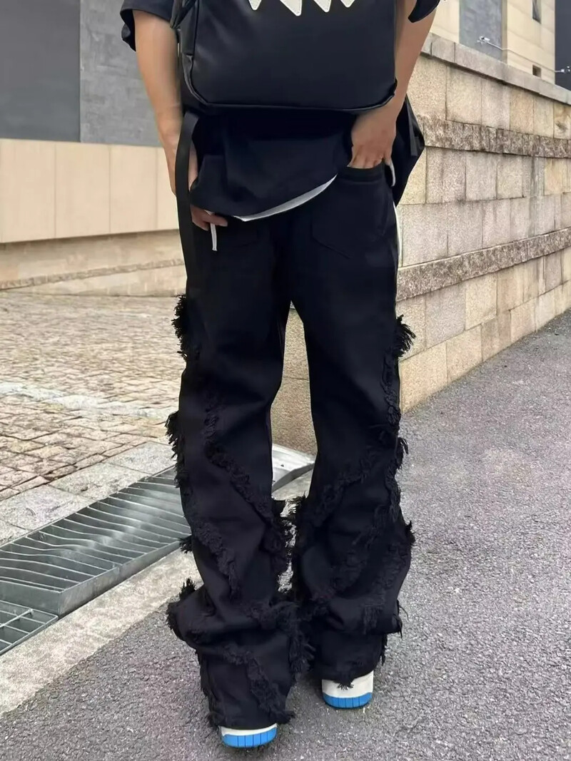 Pánske džínsy v americkom štýle s poškodením eróziou, raw edge, štýl Harajuku, hip-hop, tanečné rovné biele džínsy, dámske oblečenie Y2k