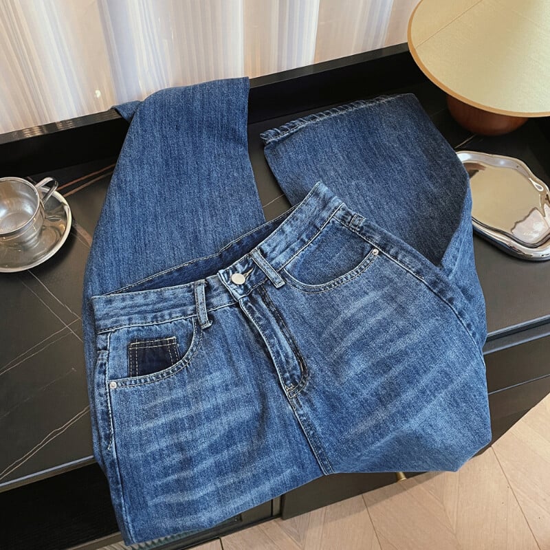 Dvojdielna súprava Bomon Korean Silk Shoulder s vysokým pásom, rovné nohavice, voľné a široké nohavice, džínsové nohavice pre ženy