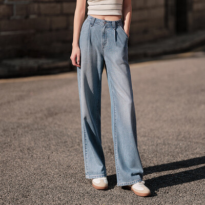 Blugi Semir Femei Cover Meat Pantaloni cu picioare largi Hundred With Simply 2024 Summer New Cool Feeling Do Old Pantaloni Street Tide