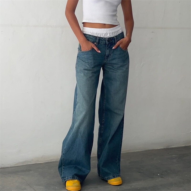 Dámske džínsy Lamuusaa y2k, jednofarebné, s nízkym pásom, široké nohavice, džínsy s viacerými vreckami, streetwear z roku 2000