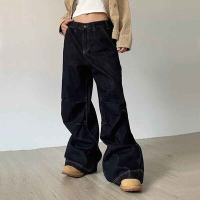 Dámske vintage džínsy so širokými nohavicami, jeseň, vysoký pás, streetwear, voľné džínsové nohavice, 4XL, nadrozmerné, hip hopové, kórejské, rovné nohavice