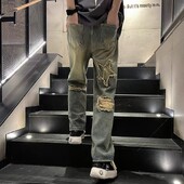 Vintažinės „Black Hole“ vyriškos džinsinės kelnės Bf rudens mėlynos spalvos aukštu juosmeniu „Hip Hop“ laisvos plačios kelnės, solidžios tiesios džinsinės kelnės Naujos L50