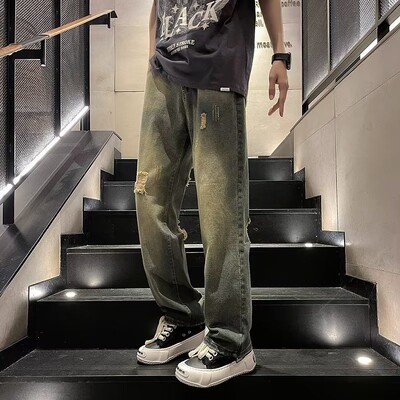 Vintažinės „Black Hole“ vyriškos džinsinės kelnės Bf rudens mėlynos spalvos aukštu juosmeniu „Hip Hop“ laisvos plačios kelnės, solidžios tiesios džinsinės kelnės Naujos L50