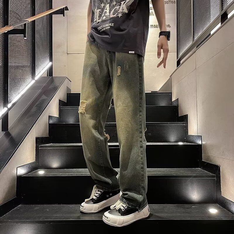 Vintažinės „Black Hole“ vyriškos džinsinės kelnės Bf rudens mėlynos spalvos aukštu juosmeniu „Hip Hop“ laisvos plačios kelnės, solidžios tiesios džinsinės kelnės Naujos L50