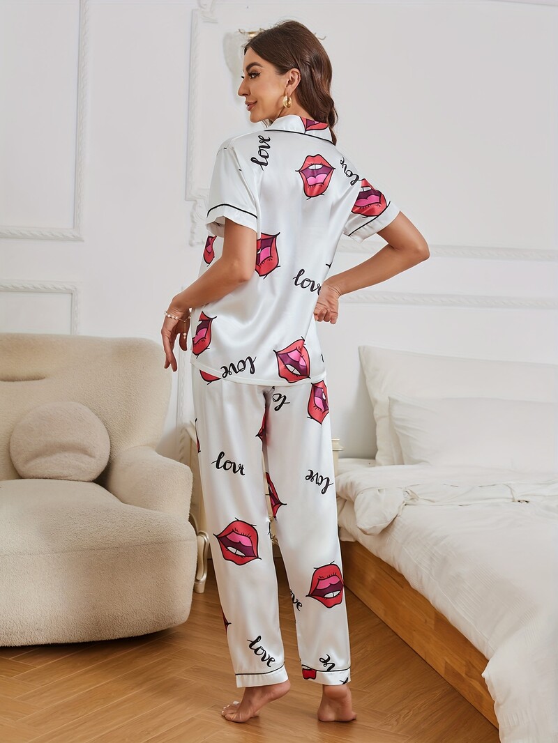 Vicces egérnyomat szatén pizsama szett alkalmi rövid ujjú, hajtóka gombokkal felső és elasztikus nadrág női hálóruha