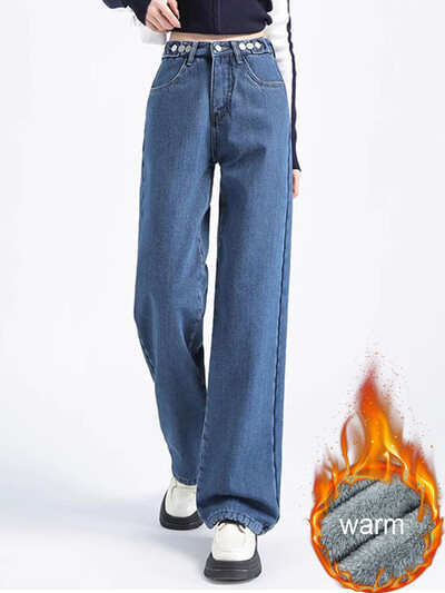 Žieminės vilnos pamušalas Baggy Straight džinsai Moteriški šilti pliušiniai aksominiai laisvalaikio džinsiniai kelnės Korėjietiški gatvės drabužiai storomis plačiomis kojomis „Vaqueros“