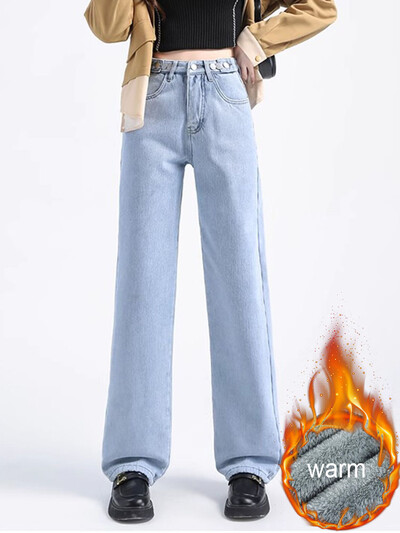 Žieminės vilnos pamušalas Baggy Straight džinsai Moteriški šilti pliušiniai aksominiai laisvalaikio džinsiniai kelnės Korėjietiški gatvės drabužiai storomis plačiomis kojomis „Vaqueros“