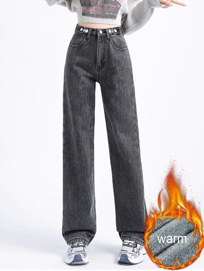 Žieminės vilnos pamušalas Baggy Straight džinsai Moteriški šilti pliušiniai aksominiai laisvalaikio džinsiniai kelnės Korėjietiški gatvės drabužiai storomis plačiomis kojomis „Vaqueros“
