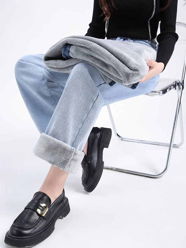 Žieminės vilnos pamušalas Baggy Straight džinsai Moteriški šilti pliušiniai aksominiai laisvalaikio džinsiniai kelnės Korėjietiški gatvės drabužiai storomis plačiomis kojomis „Vaqueros“