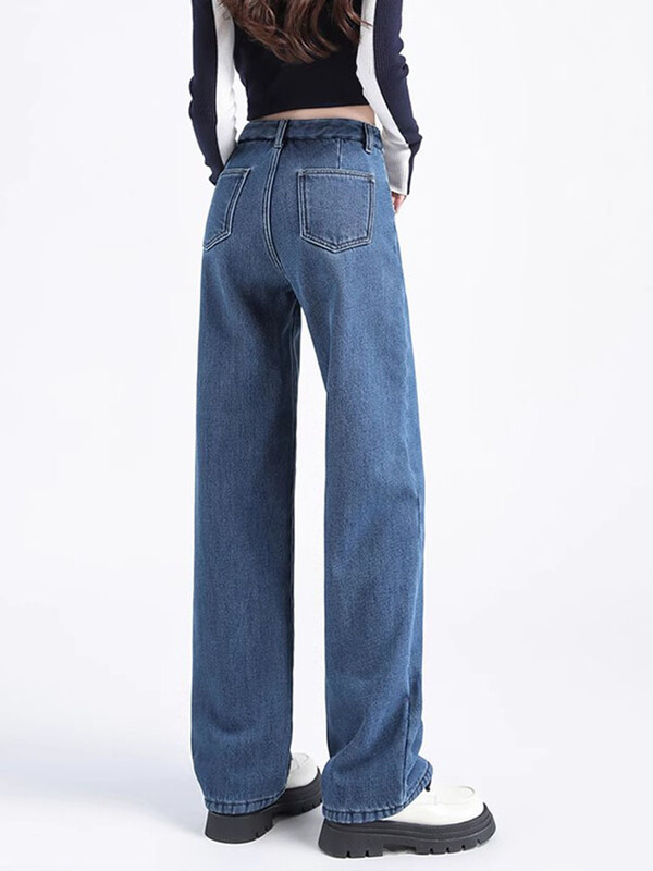 Žieminės vilnos pamušalas Baggy Straight džinsai Moteriški šilti pliušiniai aksominiai laisvalaikio džinsiniai kelnės Korėjietiški gatvės drabužiai storomis plačiomis kojomis „Vaqueros“