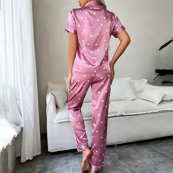 Γυναικεία Sleepwear Heart Print Σετ Πυτζάμες Σατέν Σετ Πυτζάμες με κοντό μανίκι με κουμπιά πέτο Top & παντελόνι Πιτζάμες Μαλακές πιτζάμες για το σπίτι