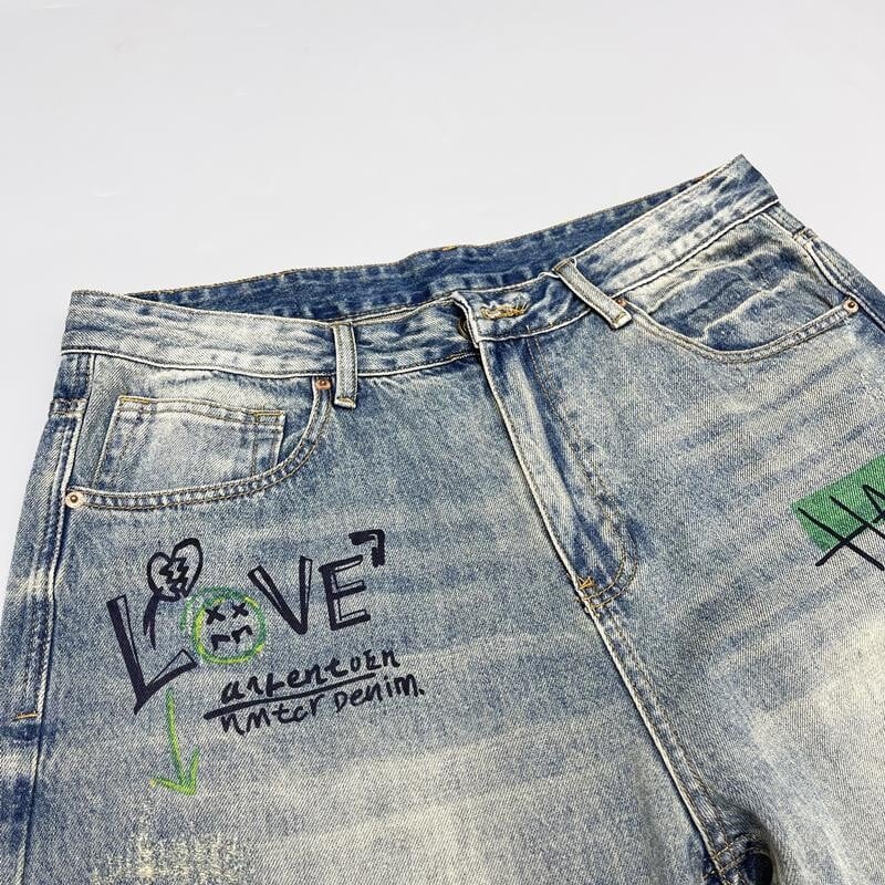 Amerikai retro stílusú, személyre szabott, nyomtatott egyenes szárú farmernadrág bő szabású mosott High Street hip-hop nadrág