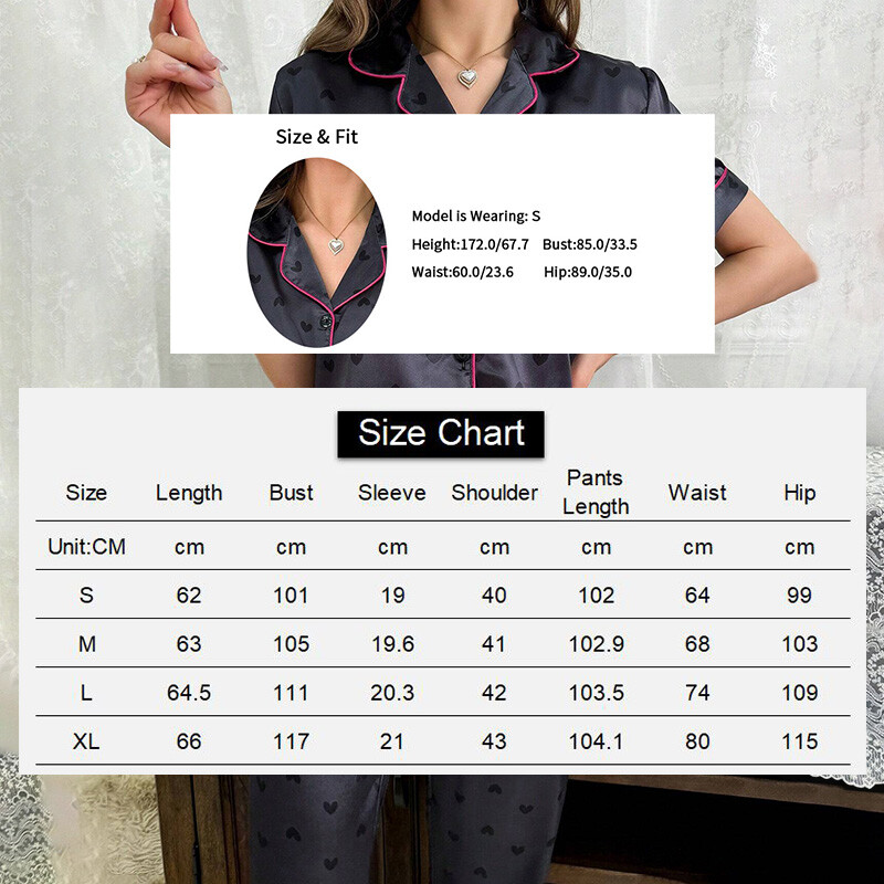 Moteriški drabužiai miegui namų kostiumas su širdele spausdinta pižama trumpomis rankovėmis sagomis viršutinė ir elastinga juosmens kelnės Pižamos 2 dalių rinkinys, poilsio apranga