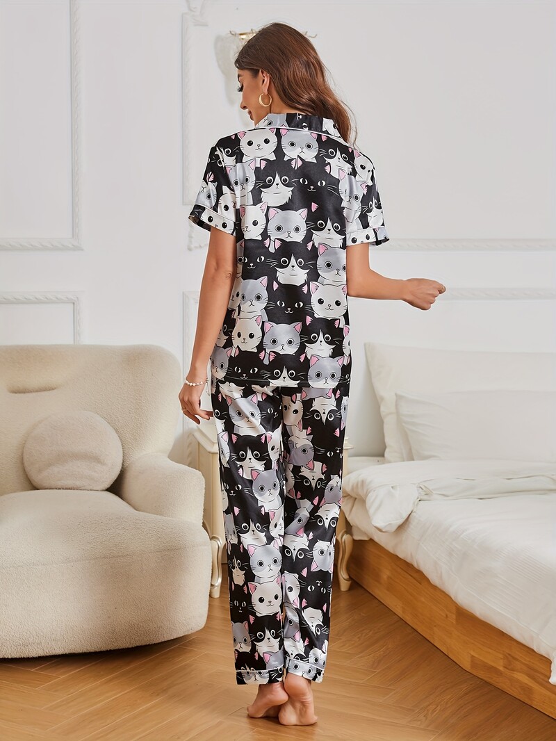 Set de pijamale cu imprimeu de pisici din desene animate, drăguț, cu mânecă scurtă, cu rever, cu nasturi, top și pantaloni elastici, haine de dormit pentru femei
