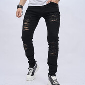 Ανδρικά Skinny Jeans Stylish Holes ταλαιπωρημένα High street Τρύπες Solid Stretch Slim Pencil Denim Παντελόνι Ανδρικό