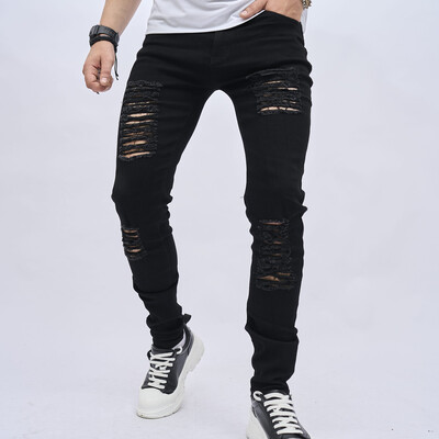 Ανδρικά Skinny Jeans Stylish Holes ταλαιπωρημένα High street Τρύπες Solid Stretch Slim Pencil Denim Παντελόνι Ανδρικό